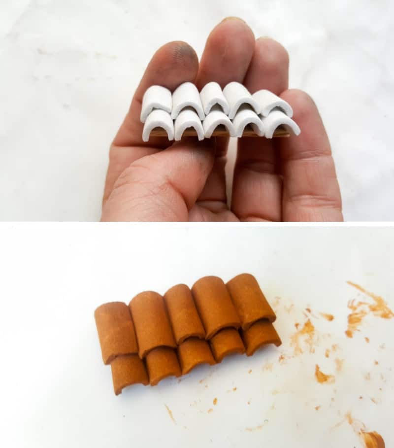 Glue the terracotta roof tiles to an ice cream stick and paint