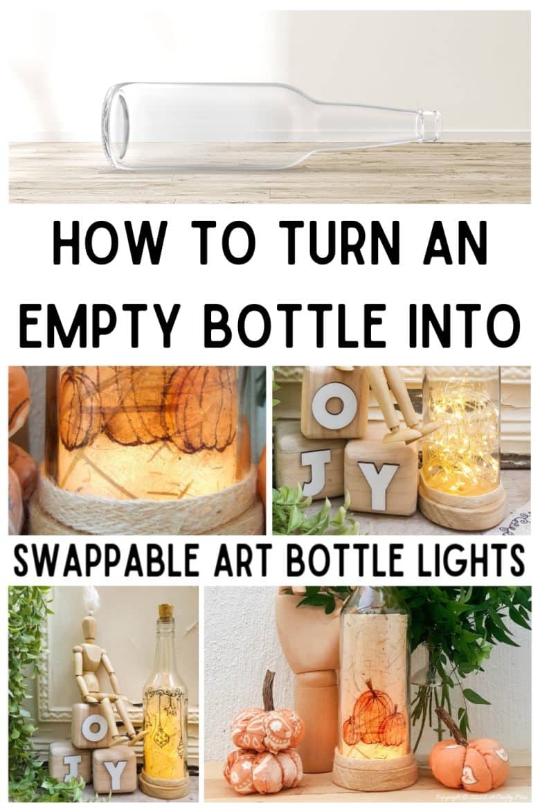 Take your glass bottle light to a whole new level with this DIY idea. A quick and easy way to repurpose and customize ONE bottle to fit any occasion or season with swappable art inserts. And you&rsquo;ll have loads of fun coming up with new images to put inside too. #bottlelight #winebottlelights #acraftymix #bottlerepurpose #bottlecrafts