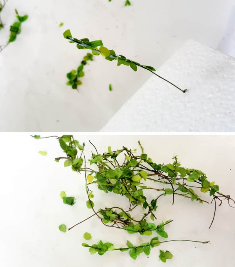 To make fairy vines drag the florist wire through the cut leaves