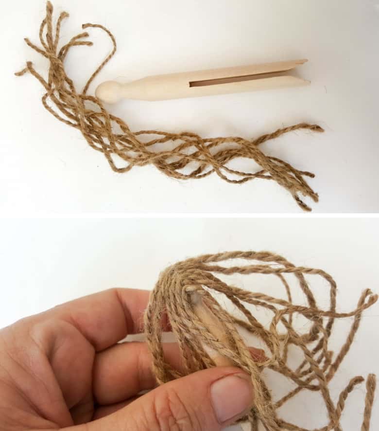 To make the hair, cut equal lengths of twine and glue on