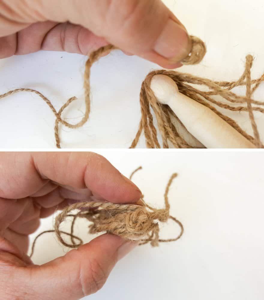 Wind the twine around itself to form a circle. Glue to the crown of your peg doll