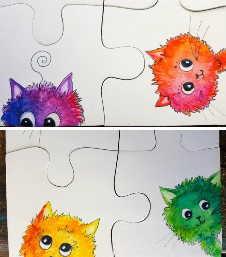 Best DIY Gift Idea EVER!!! Curious Kitty Puzzle Coasters that double up as a platter when you put them all together. The full tutorial will show you how to make your own and includes a free template for the puzzle as well as all four kitties. #PuzzleCoasters #DIYGiftIdea #ACraftyMix #PuzzlePlatter ##DIYPuzzle #FreePrintable