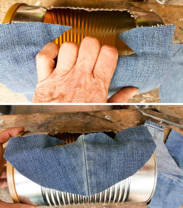 Make sure the denim or fabric cut fits inside the hole