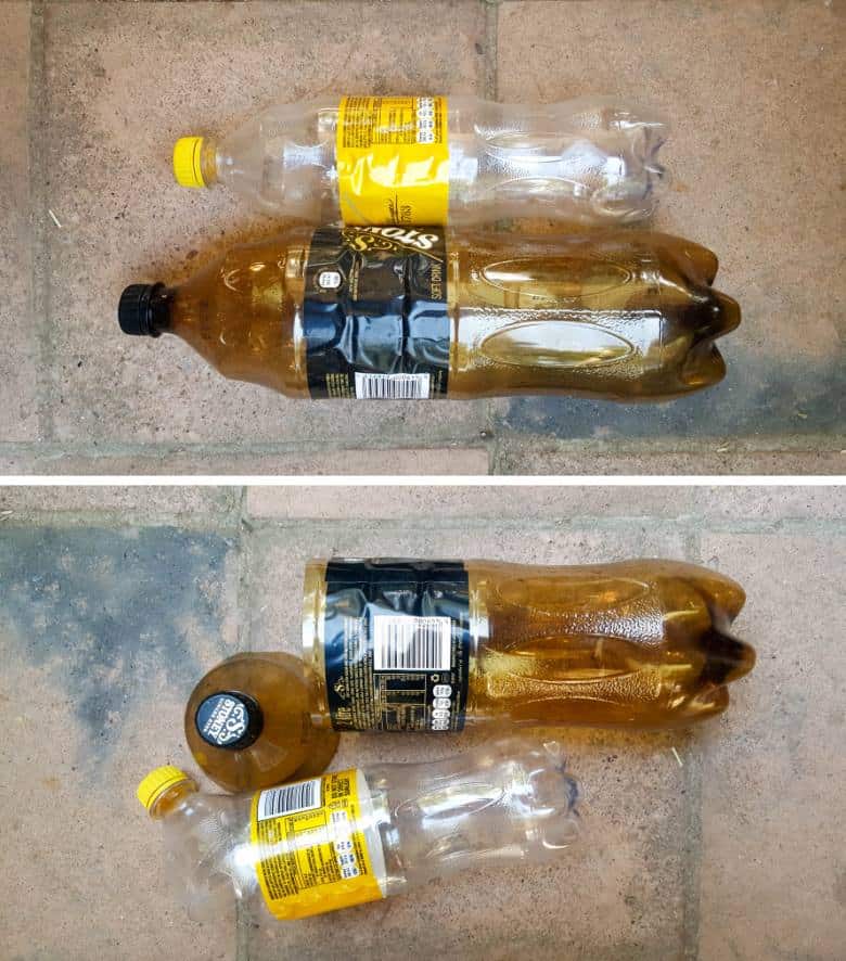Cut the top 1/3 of the plastic soda bottles off.