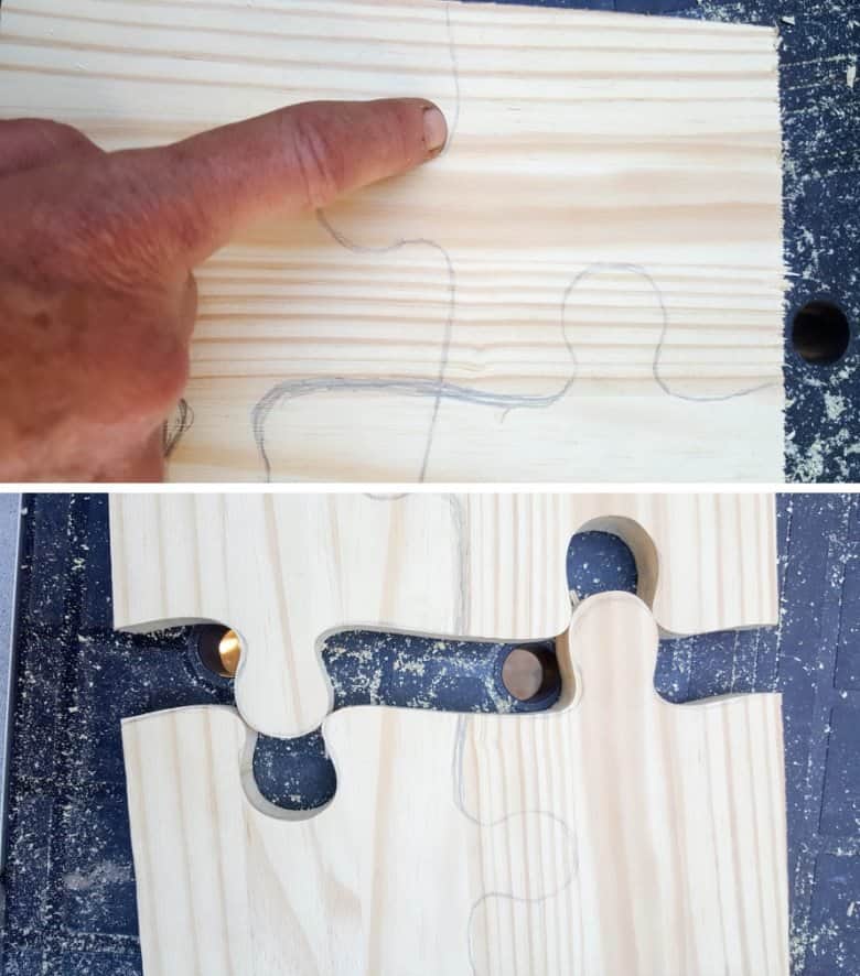 Cut along the "straightest" line first and then cut out the rest of the puzzle