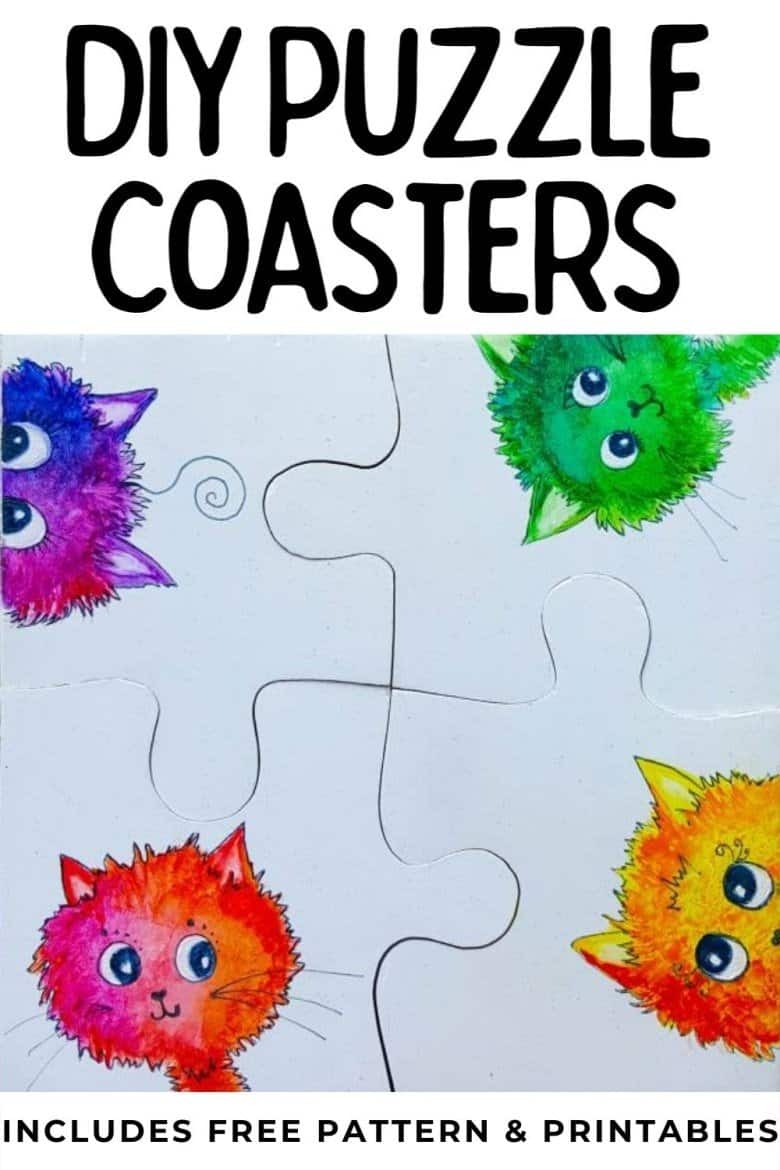 Best DIY Gift Idea EVER!!! Curious Kitty Puzzle Pieces that can be used as coasters or a platter. The full tutorial will show you how to make your own and includes a free template for the puzzle as well as all four kitties. #PuzzleCoasters #DIYGiftIdea #ACraftyMix #PuzzlePlatter ##DIYPuzzle #FreePrintable