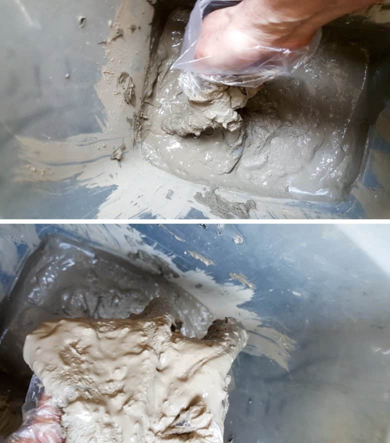 Put the fabric inside the slurry mix and drench to coat completely