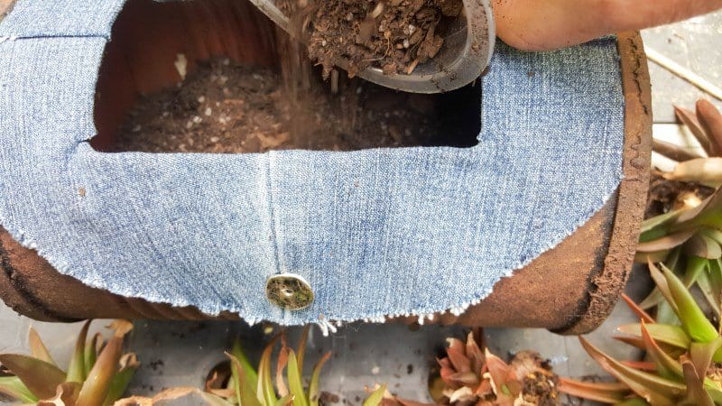 Use a small container to fill the barrel bag planter