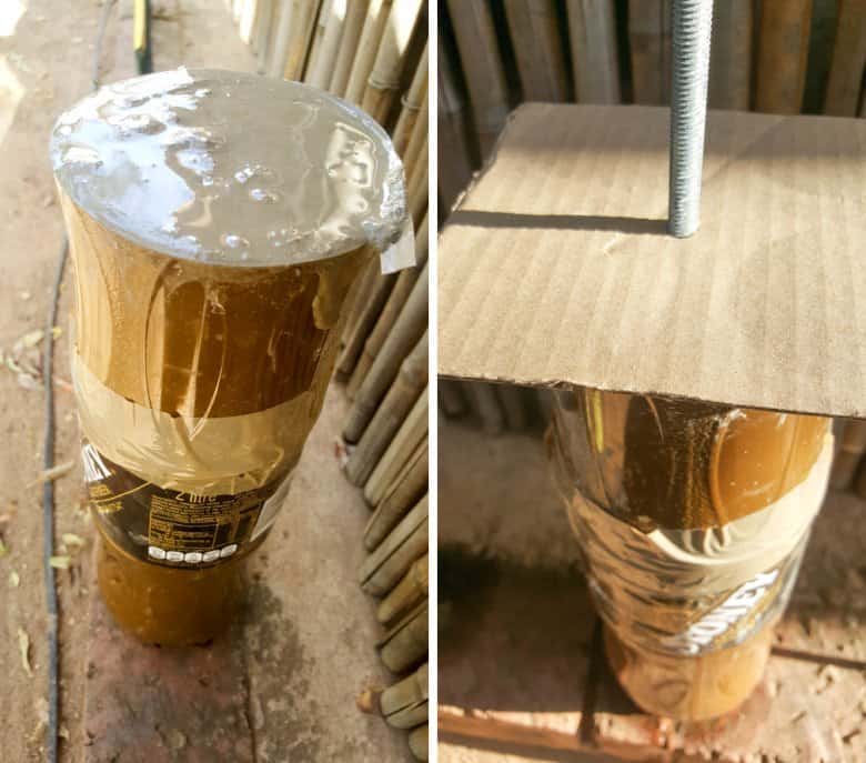 Insert a thread bar in the concrete mix and use a piece of cardboard to keep it upright and in place