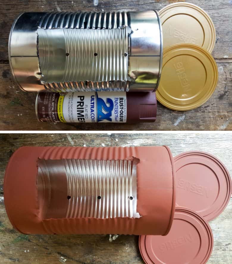 Paint the tin can with a primer to ensure a consistent coverage