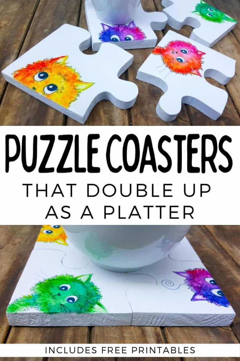 Best DIY Gift Idea EVER!!! Curious Kitty Puzzle Coasters that double up as a platter when you put them all together. The full tutorial will show you how to make your own and includes a free template for the puzzle as well as all four kitties. #PuzzleCoasters #DIYGiftIdea #ACraftyMix #PuzzlePlatter ##DIYPuzzle #FreePrintable