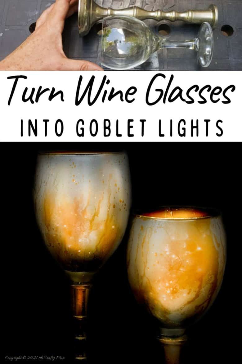 Don&rsquo;t throw those broken wine glasses away you&rsquo;ve seen how you can repurpose them to make these gorgeous chalice or goblet lights. The step-by-step tutorial includes a video that will show you how to cut the wine glass and how to get that mercury glass effect in two easy steps. #Wineglassrepurpose #BrokenGlass #ACraftyMix #DIYGoblet #Chalice #MercuryGlass