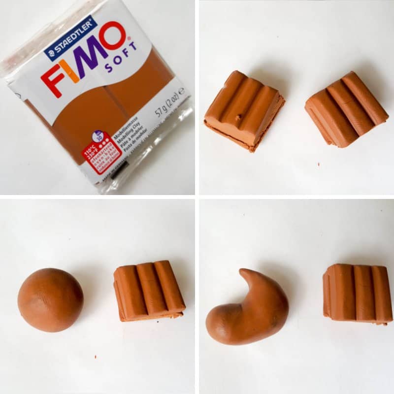 Cut two equal sized blocks from the air dry clay and roll into a ball. Pull on end of the ball into a point