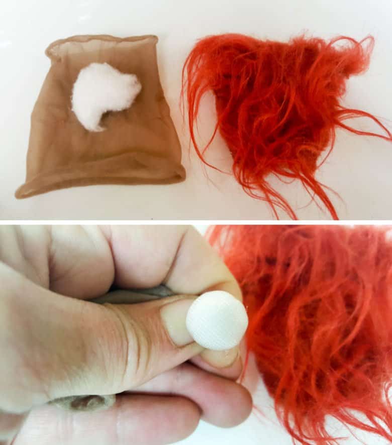 Place a small ball of cotton wool inside the stocking. Tie the back to form a blob nose