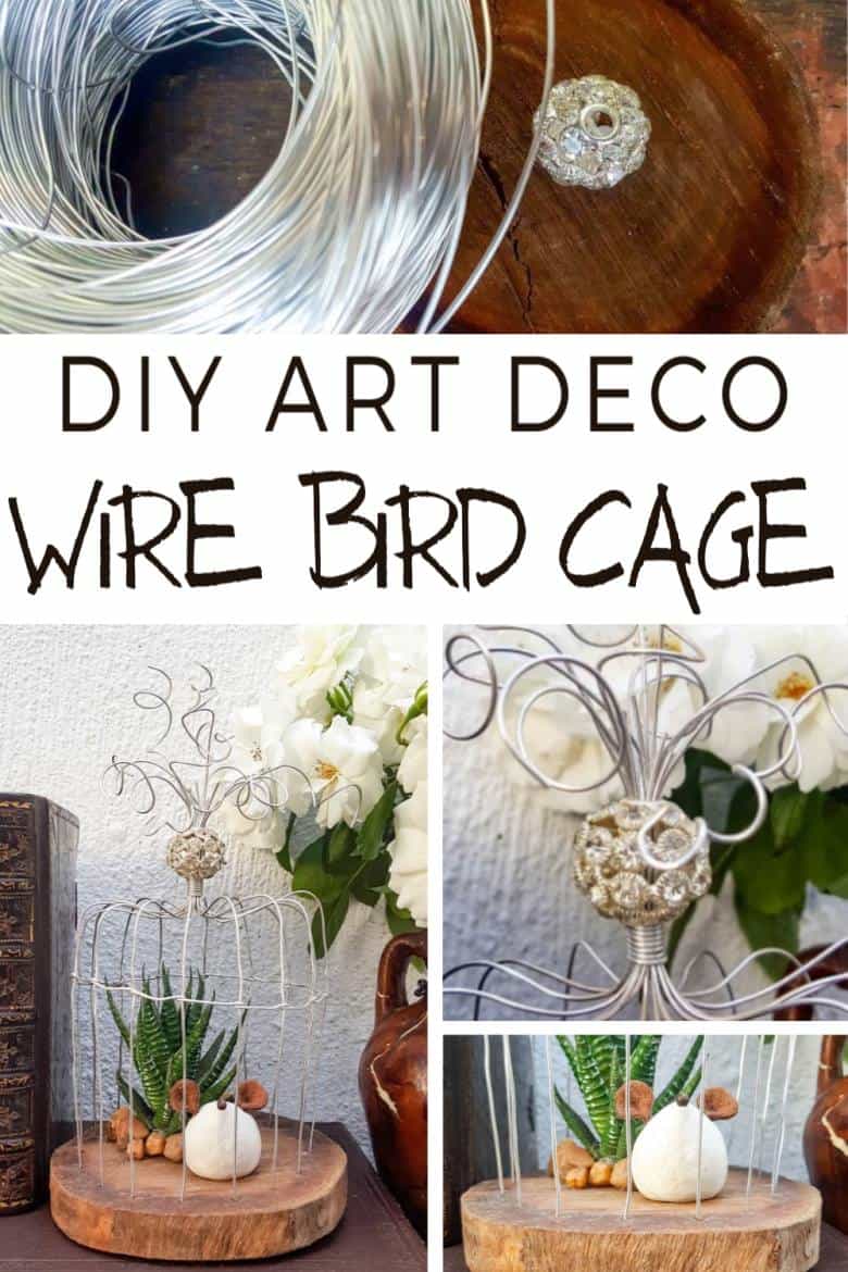 A beautiful crystal bead sits on top of the birdcage. This easy to follow tutorial will show you how to make your own art deco wire bird cage. Made in a morning, it&rsquo;s a fun way to add a little handcrafted glamour to your d&eacute;cor. #BirdCage #DIY #ACraftyMix