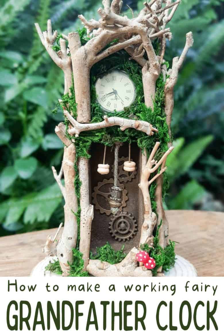 Have you ever wanted to make a real working fairy grandfather clock? This tutorial will show you how and includes a downloadable template along with instructions to make teeny, tiny mushrooms and a fairy bird&rsquo;s nest. #FairyCrafts #ACraftyMix #MiniatureGrandfatherClock