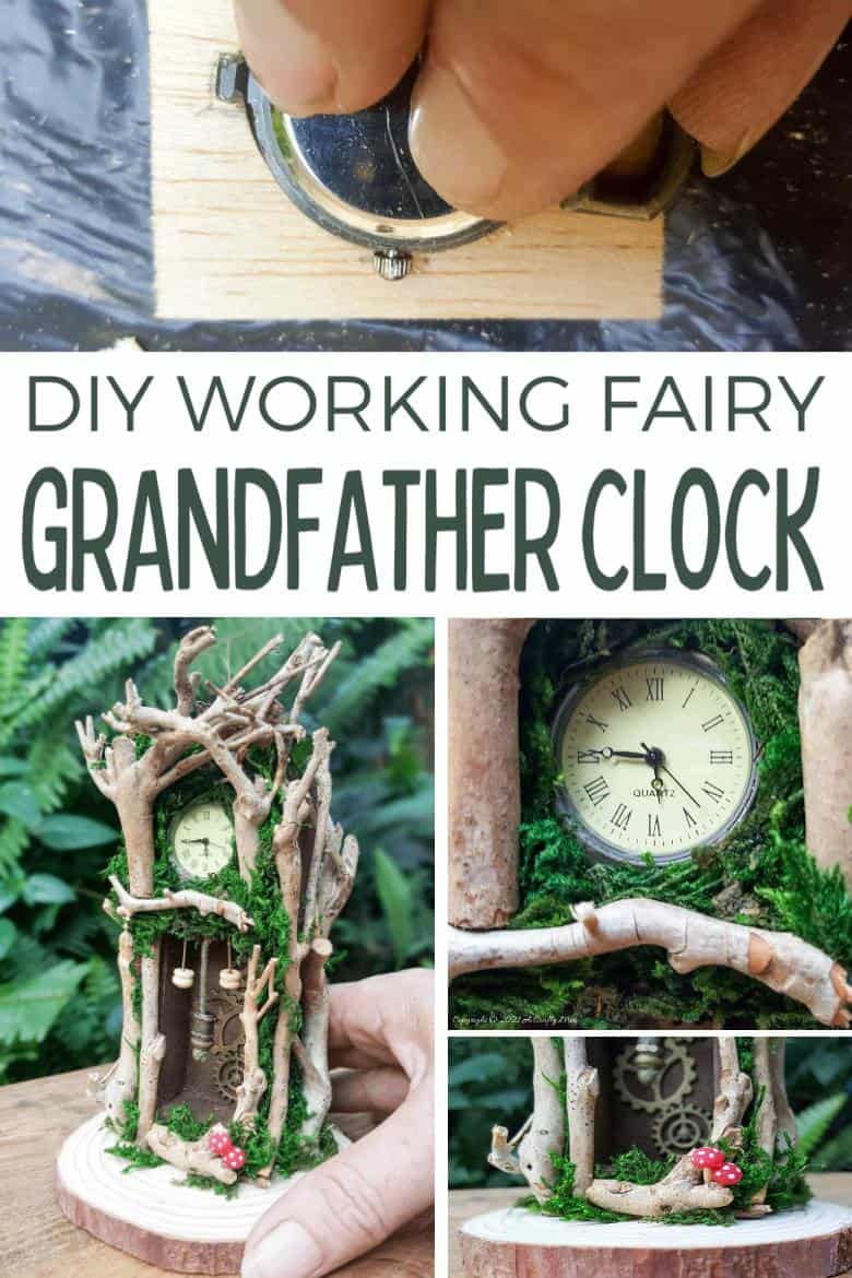 Have you ever wanted to make a real working fairy grandfather clock? This tutorial will show you how and includes a downloadable template along with instructions to make teeny, tiny mushrooms and a fairy bird&rsquo;s nest. #FairyCrafts #ACraftyMix #MiniatureGrandfatherClock