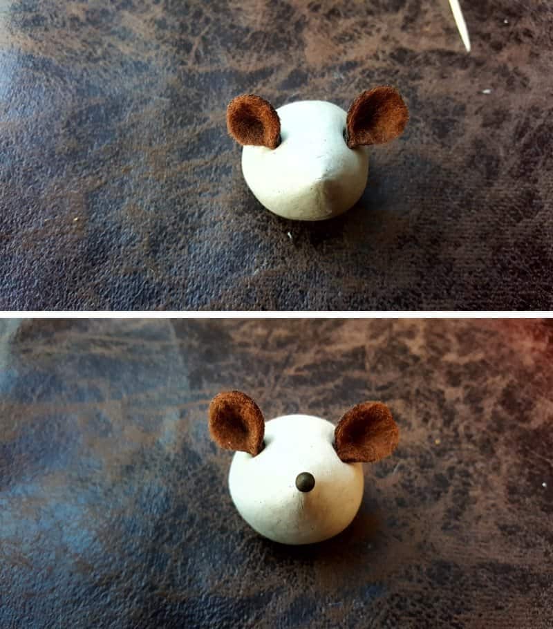 Insert the faux leather or felt ears into the holes and add the nose