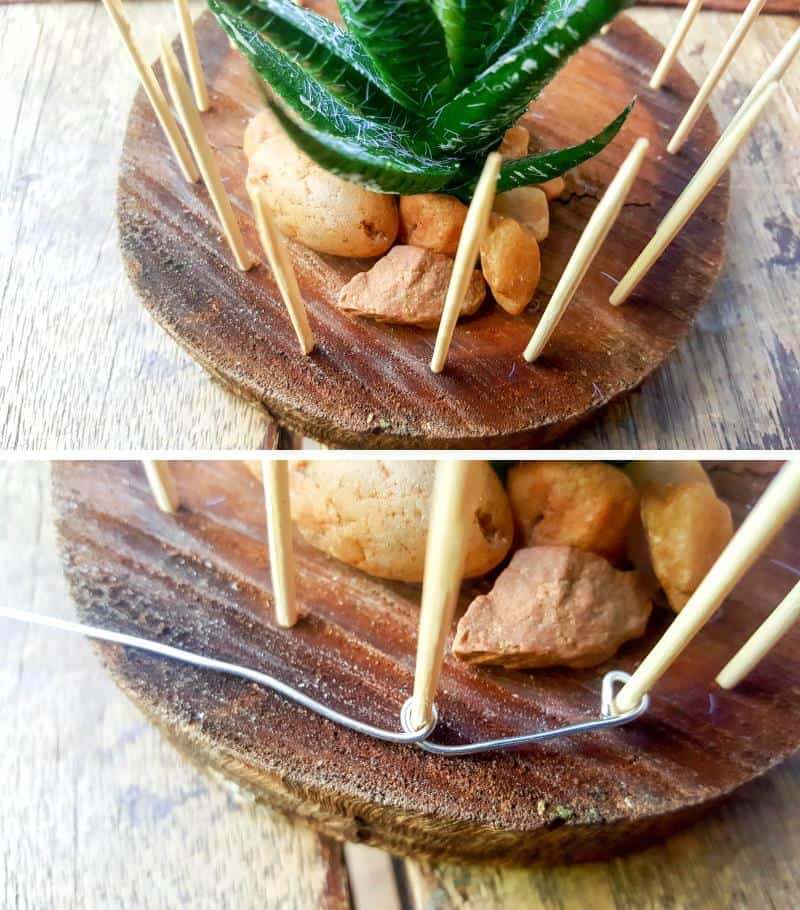 Place a toothpick in each of the drilled holes and start wrapping the thinner wire around them