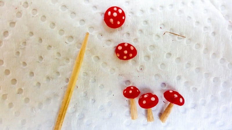 Cut the toothpicks and insert them inside the mushroom heads