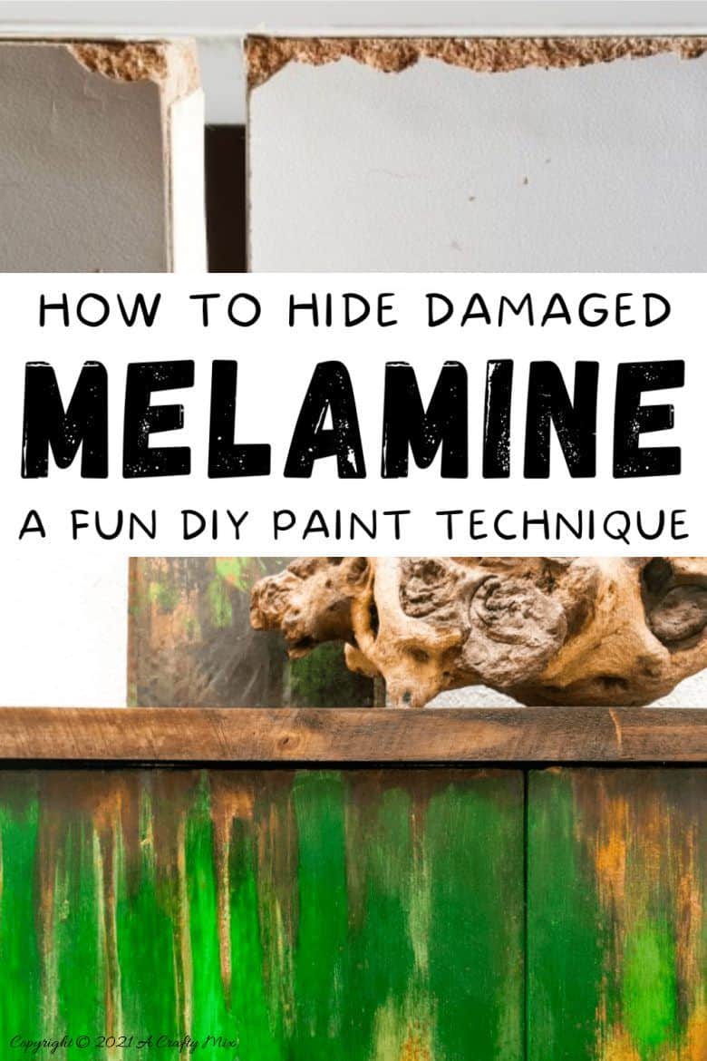 Ever found a cheap melamine cupboard at the thrift store that was just to &ldquo;bleh&rdquo; to fit into your d&eacute;cor style? This tutorial will show you how to give it an easy faux distressed metal makeover that won&rsquo;t break the bank. #melaminmakeover #paintingmelamine #acraftymix #fauxmetal #UnicornSpit