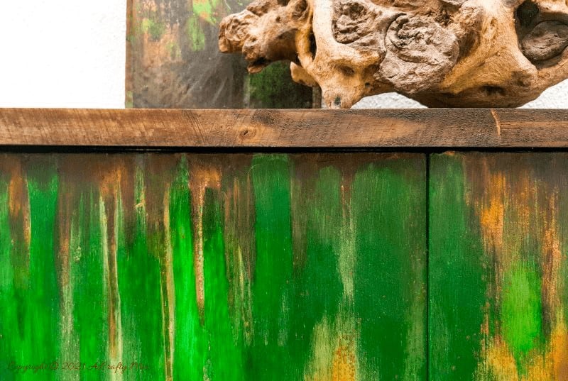 Ever found a cheap melamine cupboard at the thrift store that was just to &ldquo;bleh&rdquo; to fit into your d&eacute;cor style? This tutorial will show you how to give it an easy faux distressed metal makeover that won&rsquo;t break the bank. #melaminmakeover #paintingmelamine #acraftymix #fauxmetal #UnicornSpit