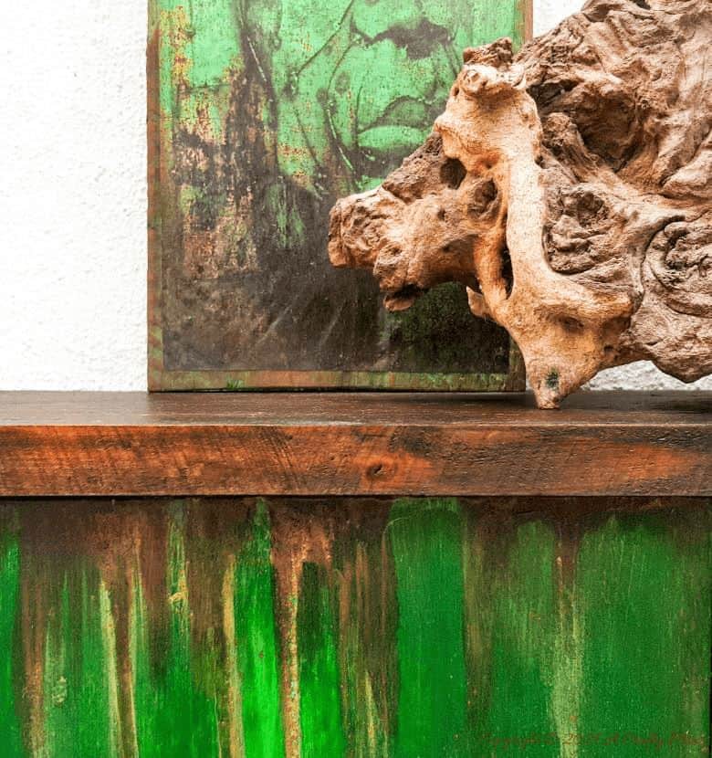 Ever found a cheap melamine cupboard at the thrift store that was just to &ldquo;bleh&rdquo; to fit into your d&eacute;cor style? This tutorial will show you how to give it an easy faux distressed metal makeover that won&rsquo;t break the bank. #melaminmakeover #paintingmelamine #acraftymix #fauxmetal #UnicornSpit
