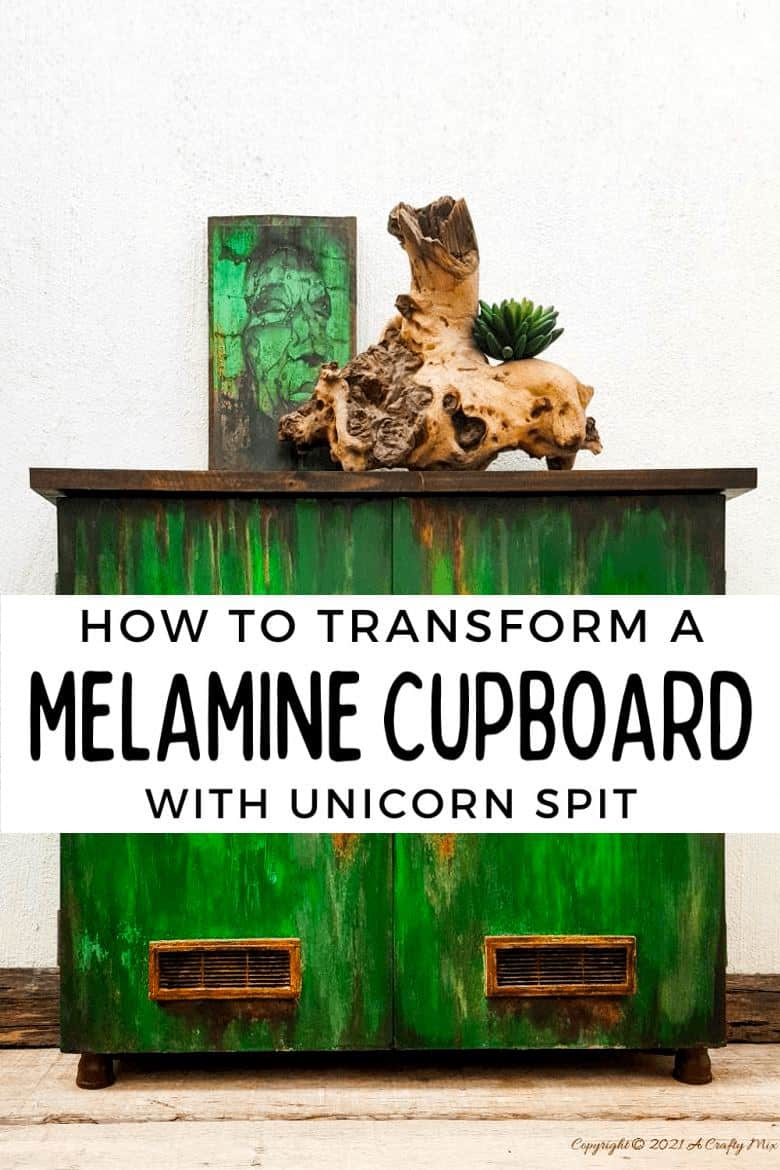 Ever found a cheap melamine cupboard at the thrift store that was just to &ldquo;bleh&rdquo; to fit into your d&eacute;cor style? This tutorial will show you how to give it an easy faux distressed metal makeover that won&rsquo;t break the bank. #melaminmakeover #paintingmelamine #acraftymix #fauxmetal #UnicornSpit