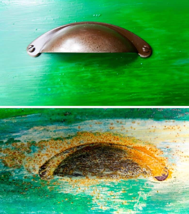The door handles before and after applying the rust effect