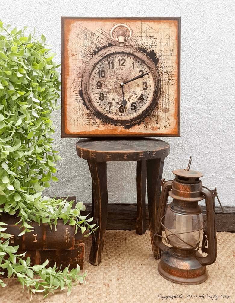 Make a unique statement with this DIY Da Vinci canvas clock. It&rsquo;s quick and easy to make and the tutorial includes step-by-step instructions along with a free printable. #DIYClock #ACraftyMix #HomeDecor 
