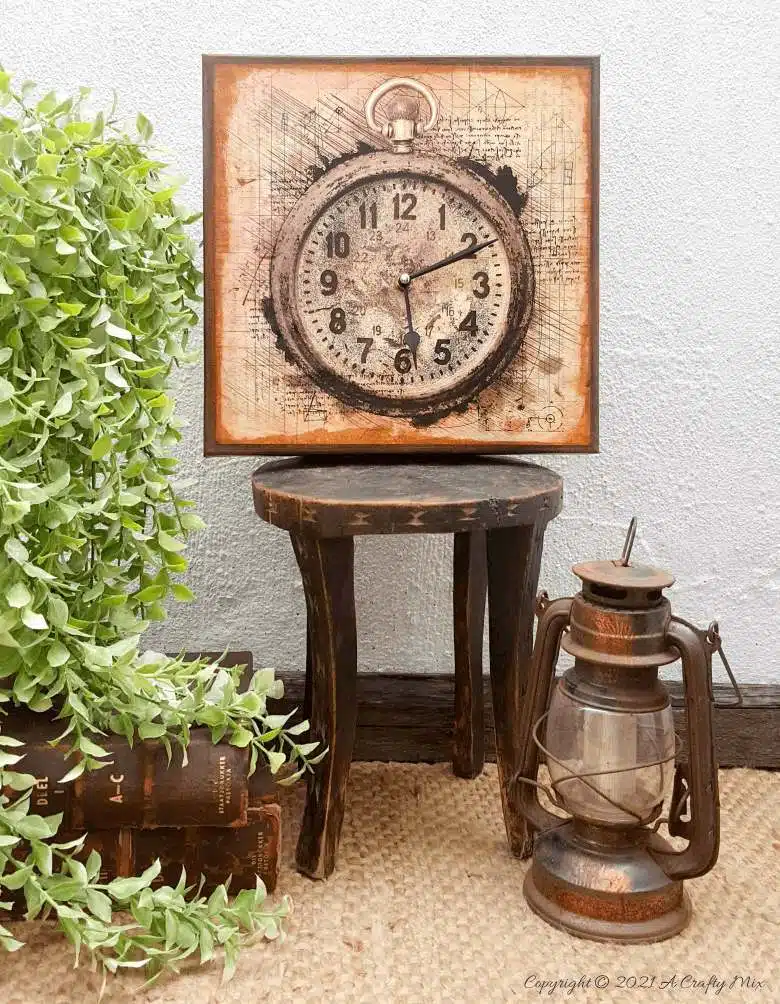 Make a unique statement with this DIY Da Vinci canvas clock. It’s quick and easy to make and the tutorial includes step-by-step instructions along with a free printable. #DIYClock #ACraftyMix #HomeDecor 