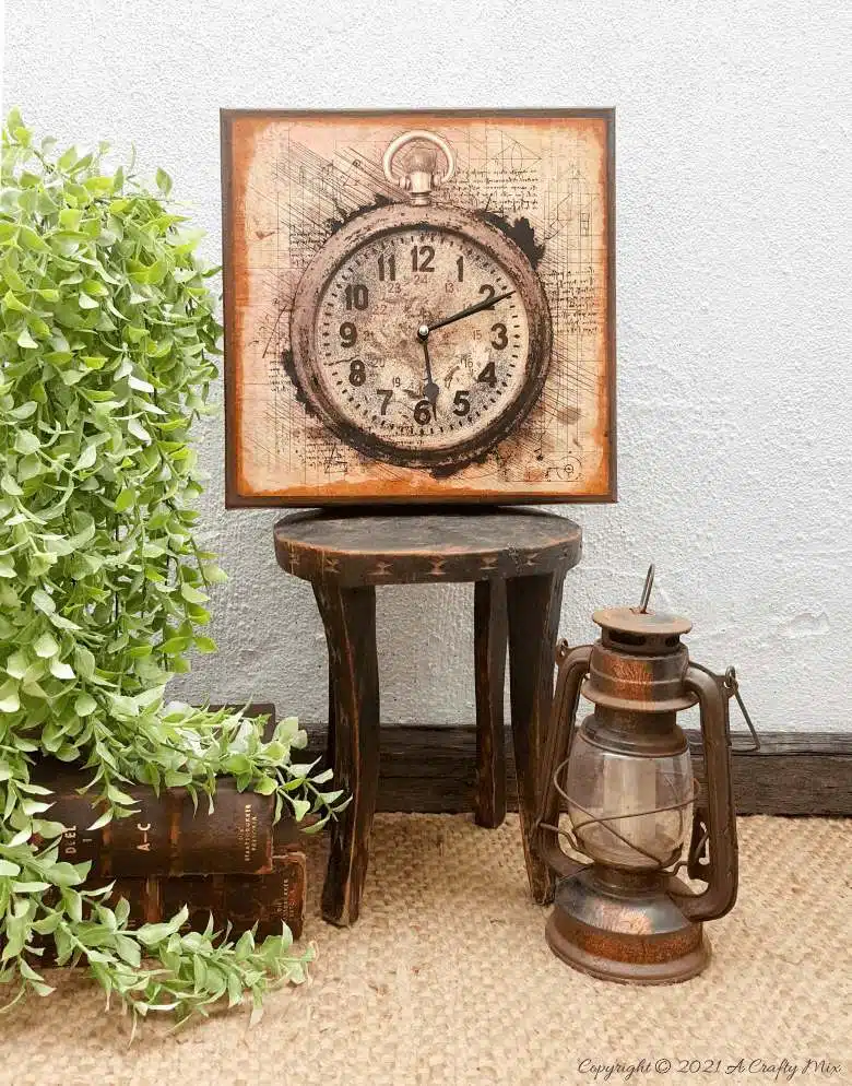 Make a unique statement with this DIY Da Vinci canvas clock. It’s quick and easy to make and the tutorial includes step-by-step instructions along with a free printable. #DIYClock #ACraftyMix #HomeDecor
