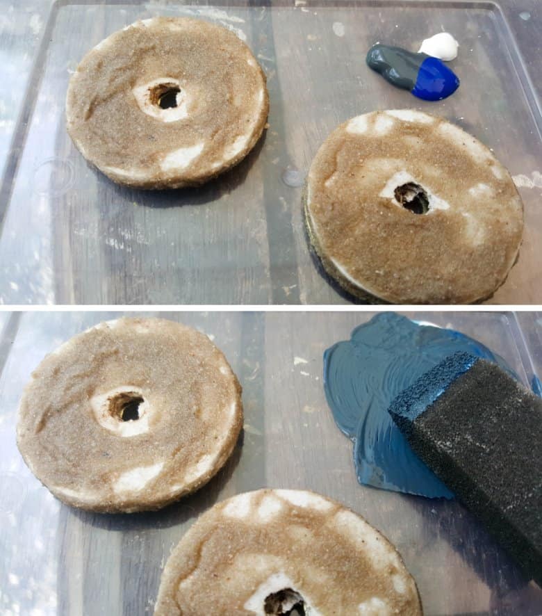 Use some blue, black and white paint to paint the wheels