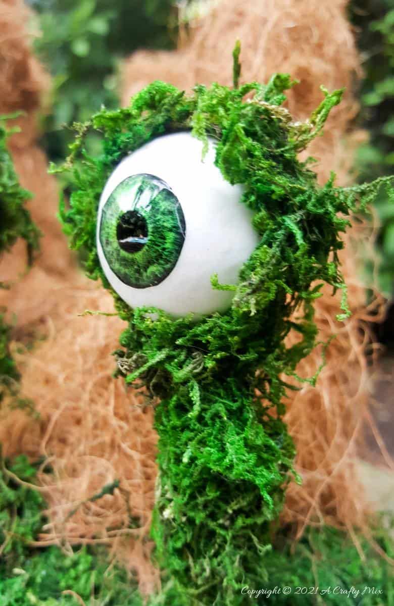 Add a little light-hearted fun to your porch d&eacute;cor with these easy to make mossy creatures. With bendable caps and popping eyes they&rsquo;re sure to put a smile on your face. #PorchDecor #MossCreatures #ACraftyMix