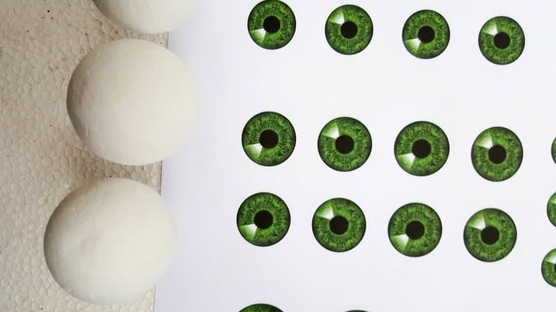 Print out the free eyeball printables and glue them onto the polystyrene balls