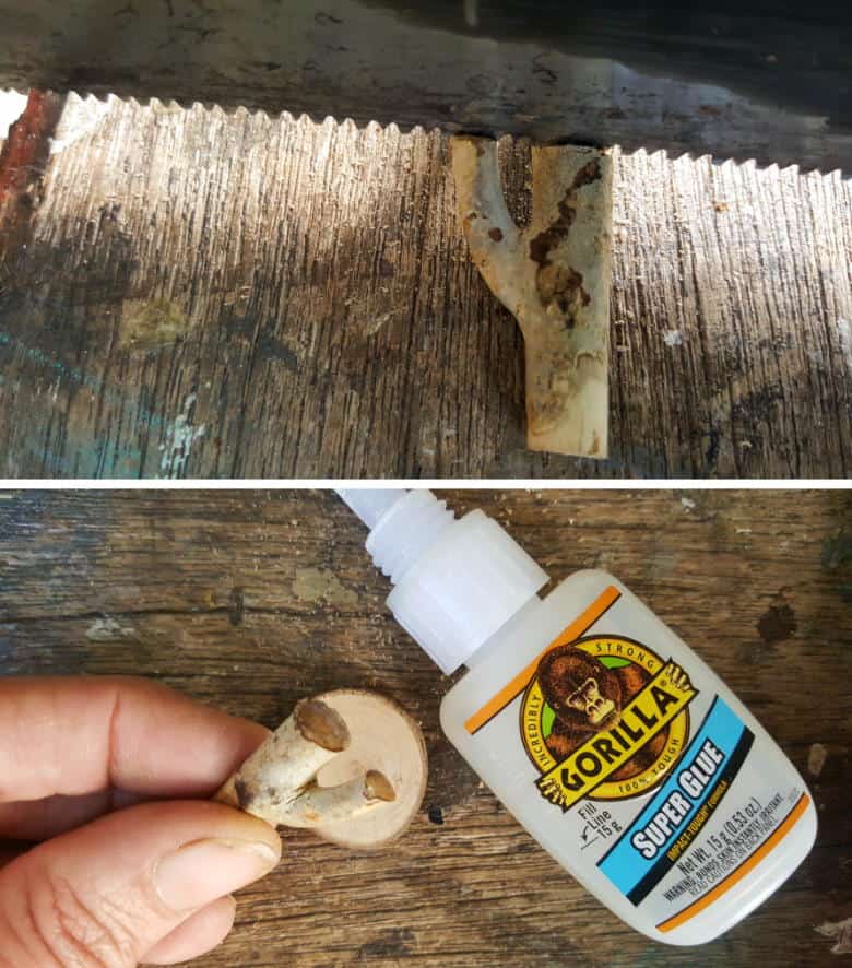 Use clear drying super glue to attach the twig to the branch slice