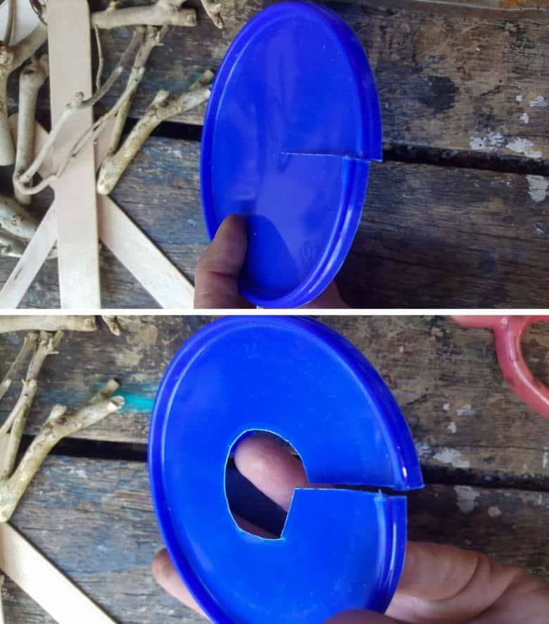 Cut a hole in the middle of the plastic lid