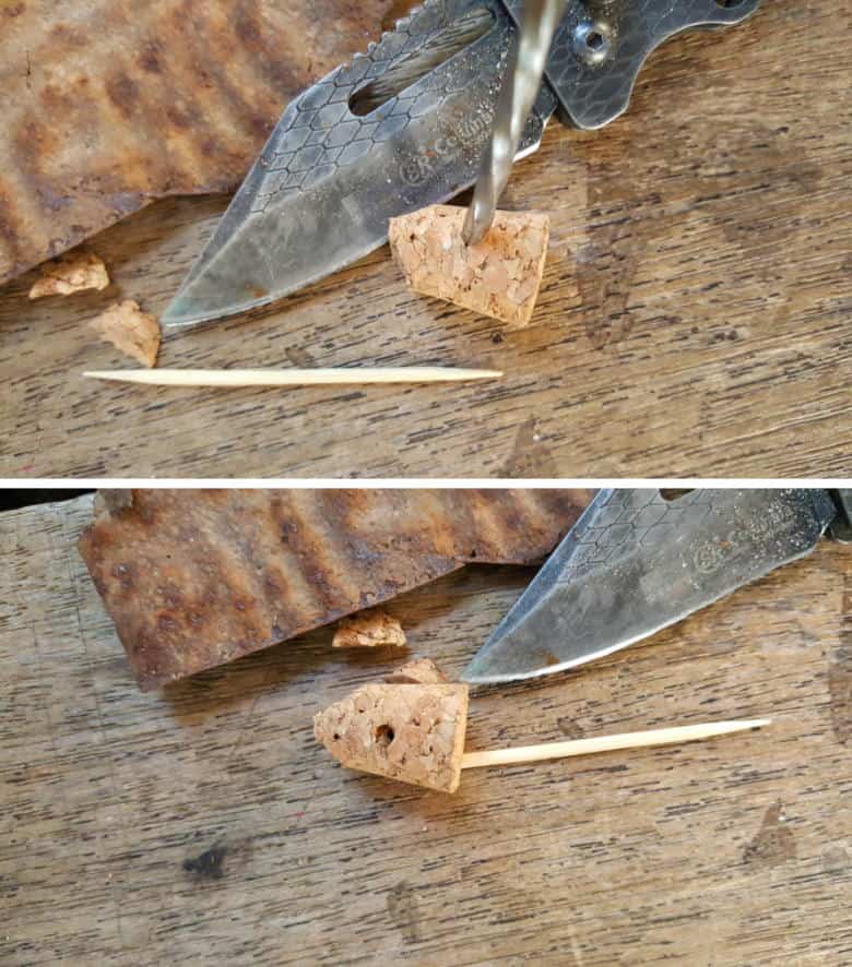 Use a metal skewer or knife to make a small hole in the cork