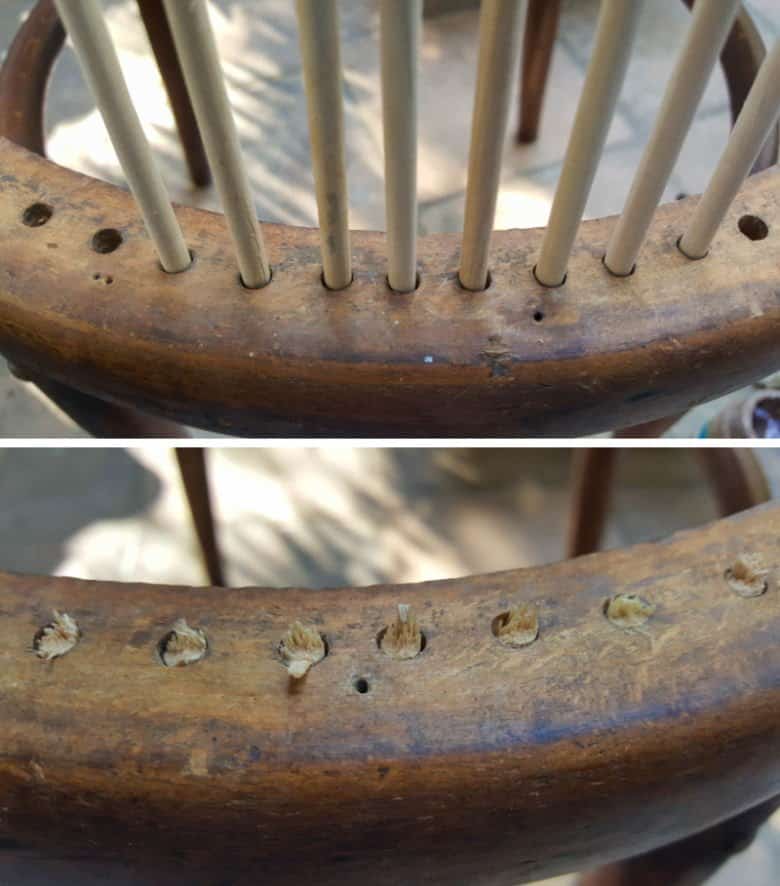 Use skewers to fill the holes in the chair before applying the wood filler