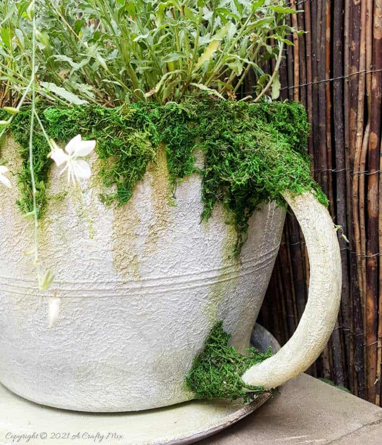 Make a statement in the garden with this DIY Oversized Teacup and Saucer Planter. You can also use it as a prop at your next Alice in Wonderland tea party. #TeacupPlanter #GiantTeaCup #ACraftyMix #DIYPlanter