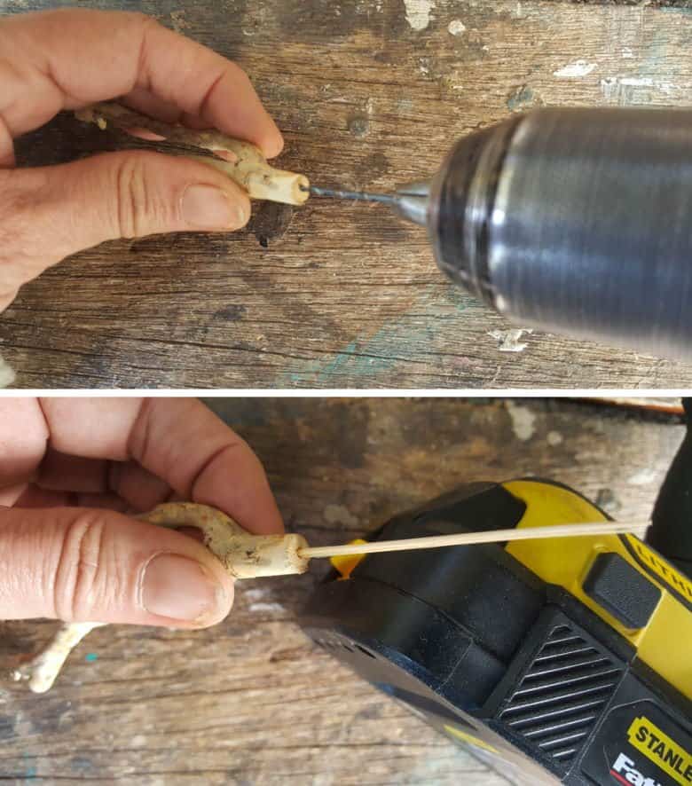If the twig is too short, drill a hole in the bottom and insert a toothpick or skewer