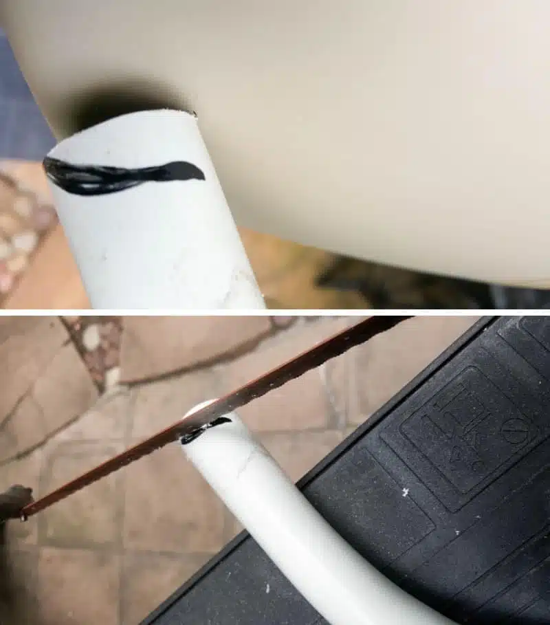 Mark where to cut the PVC pipe so it's flush against the teacup