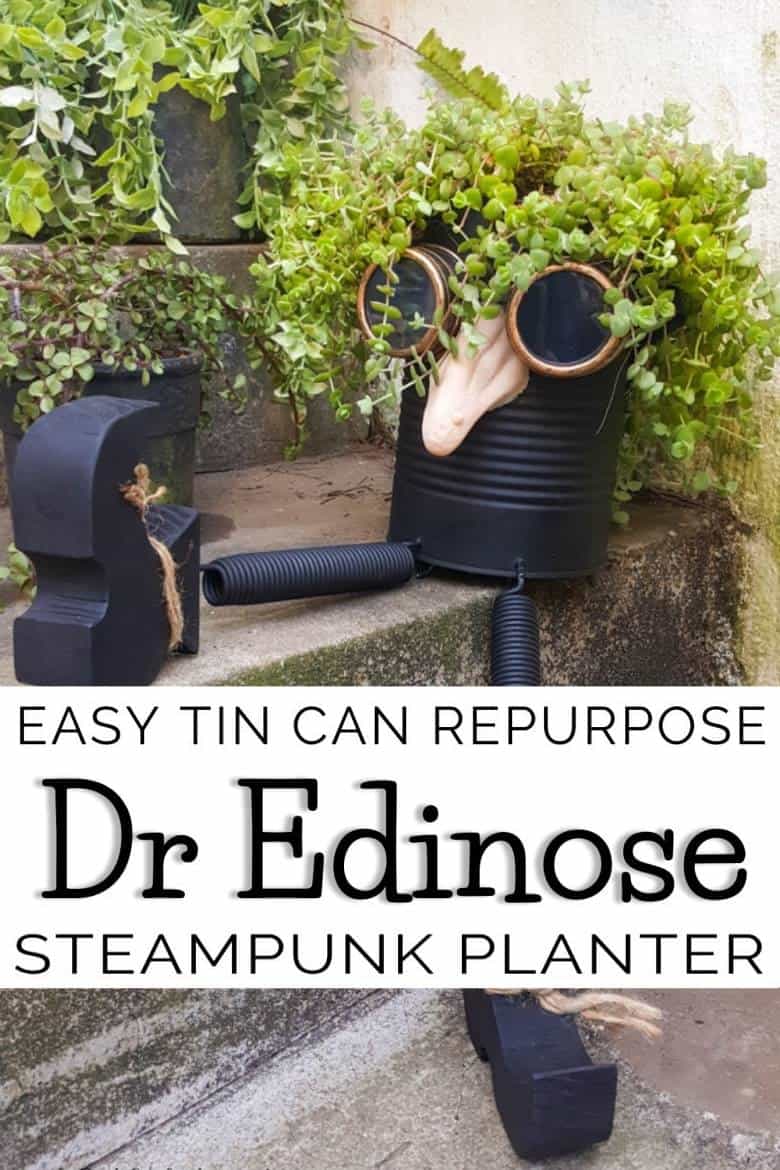 Looking for a creative way to repurpose a tin can? The  you'll love this tin can steampunk planter. We call him Dr Edinose and he's sure to add a little whimsy to your outdoor decor. #steampunkplanter #ACraftyMix #TinCanRecycle