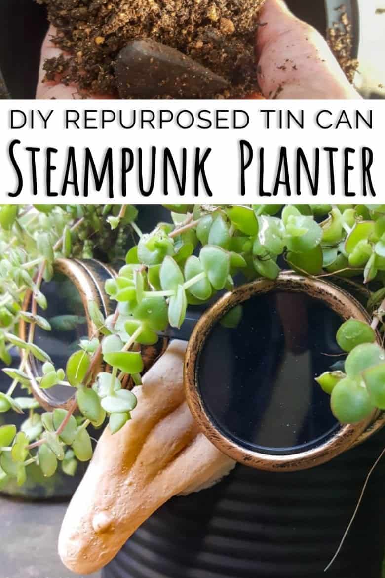 Looking for a creative way to repurpose a tin can? The  you'll love this tin can steampunk planter. We call him Dr Edinose and he's sure to add a little whimsy to your outdoor decor. #steampunkplanter #ACraftyMix #TinCanRecycle