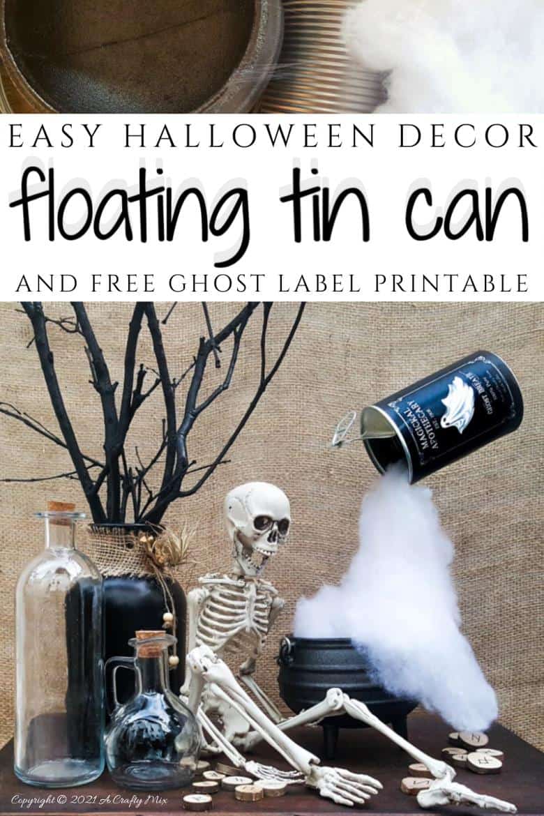 Add a little fun and mystery to your Halloween decor with this easy-to-make magical floating tin can filled with ghost breath. You don't need any special tools and it takes less than an hour to make too. #HalloweenDecor #HalloweenCrafts #ACraftyMix #FloatingTinCan