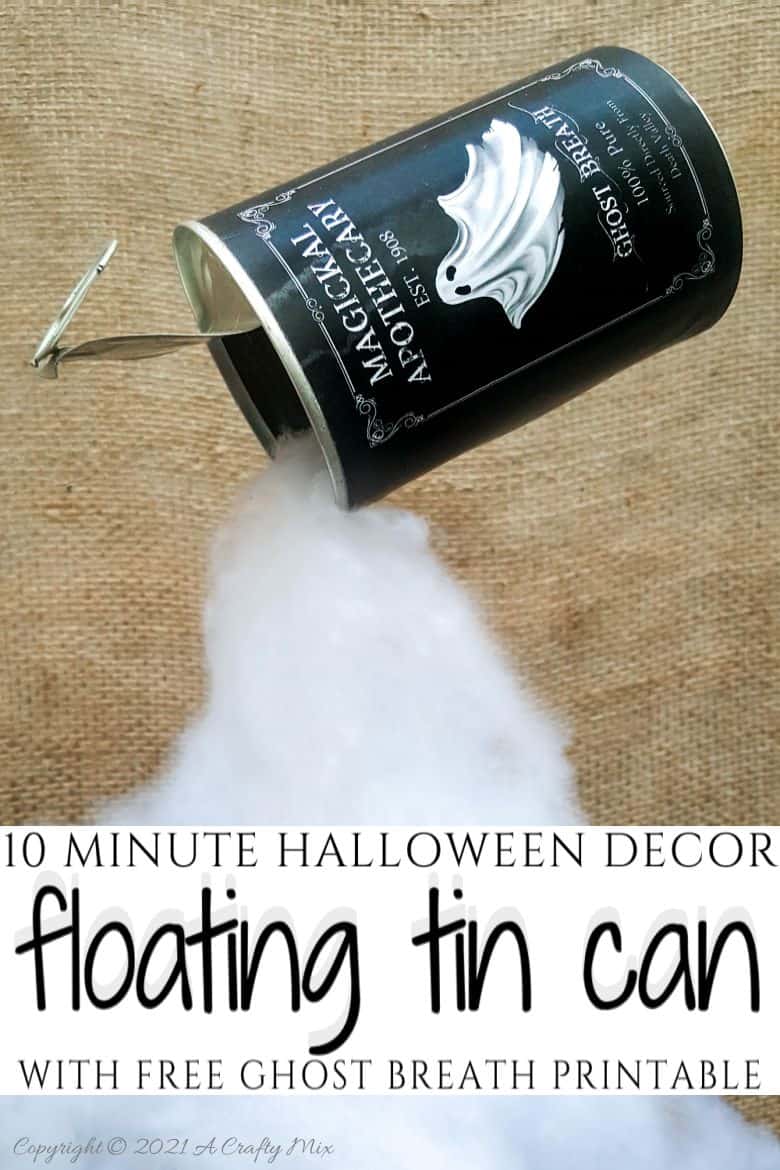 Add a little fun and mystery to your Halloween decor with this easy-to-make magical floating tin can filled with ghost breath. You don't need any special tools and it takes less than an hour to make too. #HalloweenDecor #HalloweenCrafts #ACraftyMix #FloatingTinCan