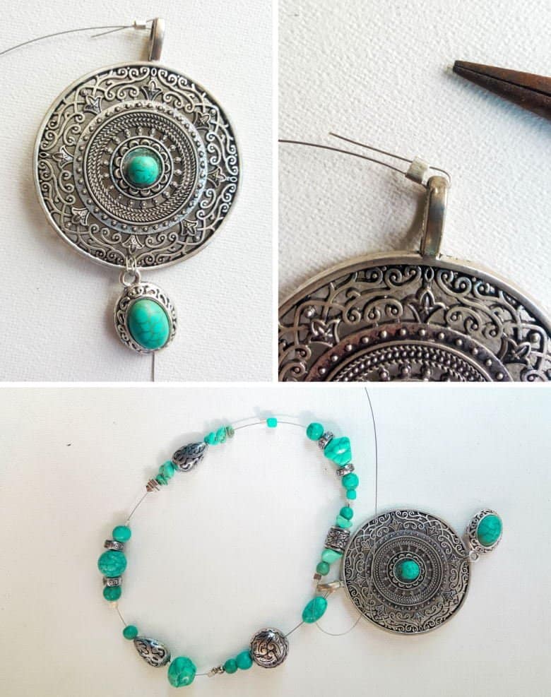 The long center strand hanging down from the bottom of the half moon dream catcher is a focal point. Here you can see how those beads and large pendant were strung together
