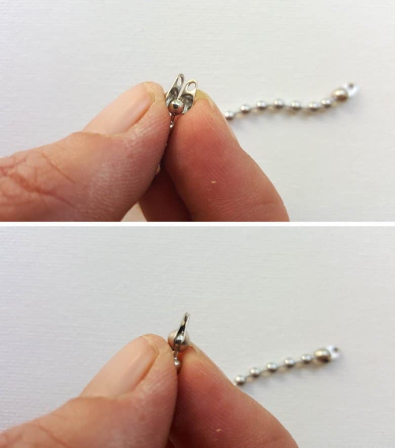 To use the ball chain connectors, open them up slightly, insert the ball chain and push closed