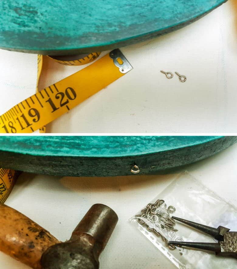 Insert eye hooks around the edges of the half moon