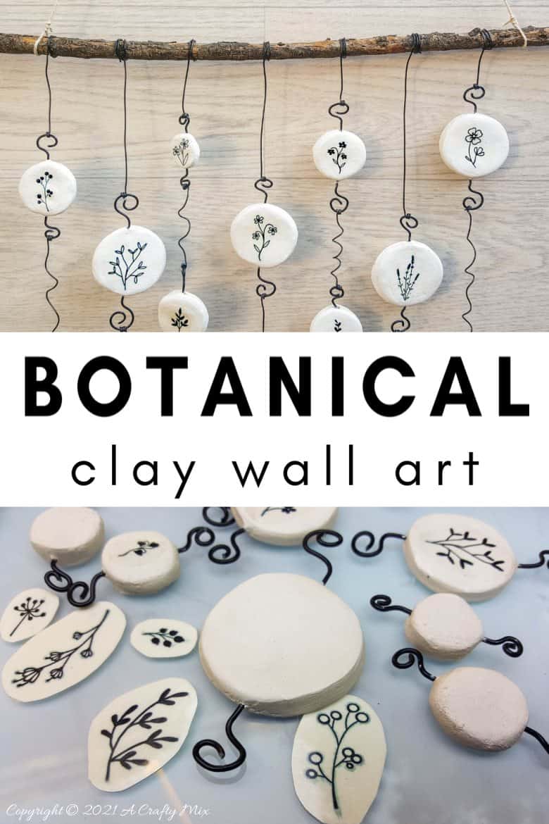 Easy budget friendly botanical clay wall hanging that can be made in a morning. The photo rich tutorial includes free botanical printables to get you started. #WallDecor #ACraftyMix #AirDryClay